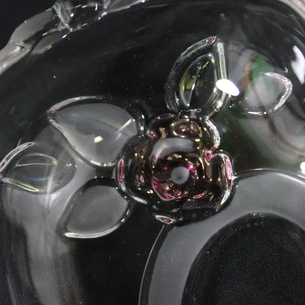 Heart Shaped Glass Bowl Embossed Pink And Green Roses Etched Leaves