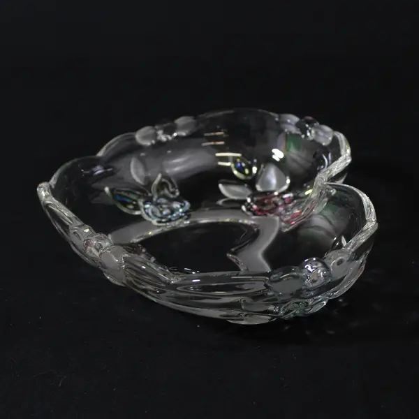Heart Shaped Glass Bowl Embossed Pink And Green Roses Etched Leaves