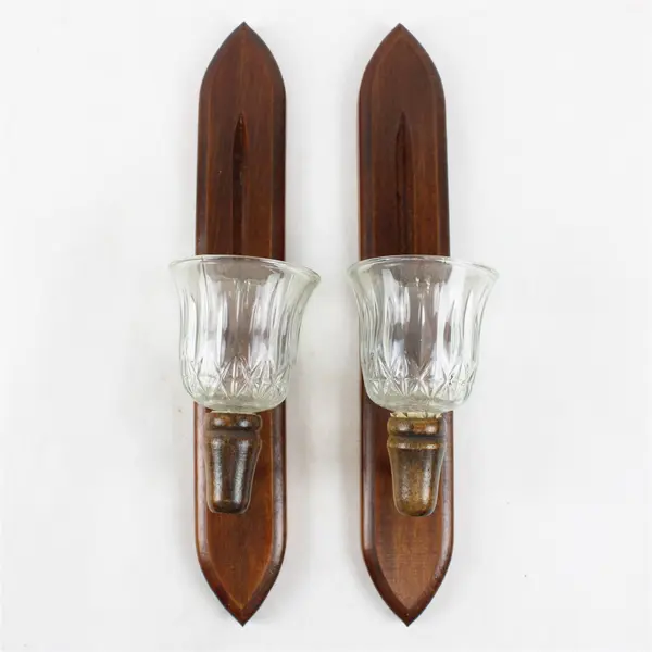 Set of 2 Vintage Homco Wooden Candle Sconces with Clear Glass Candle Holders