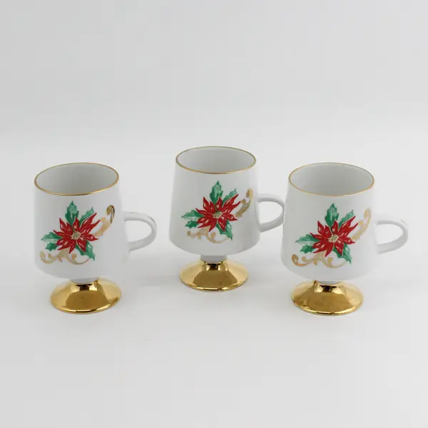 Set of 3 Viletta's Arts Poinsettia Porcelain Coffee Cups White Gold Trim & Foot