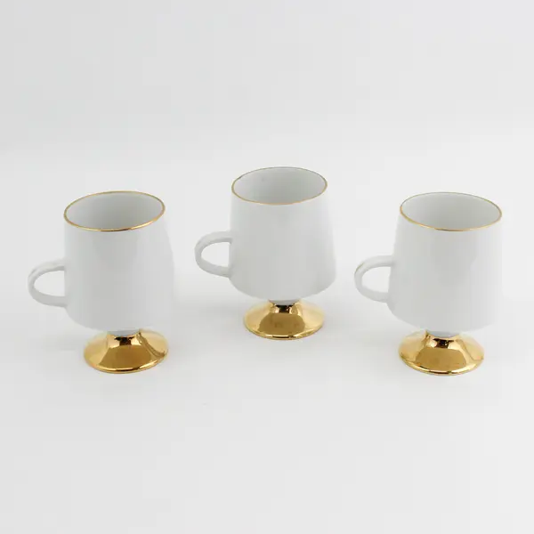 Set of 3 Viletta's Arts Poinsettia Porcelain Coffee Cups White Gold Trim & Foot