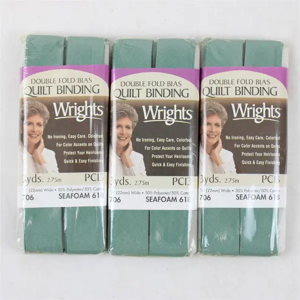Lot of 3 Wrights Double Fold Bias Quilt Binding Seafoam 618, 3 yds. each, New. 
