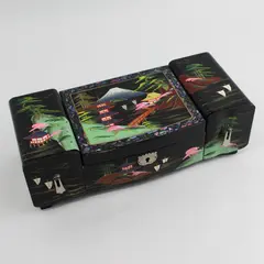 Vintage Black Lacquer Hand Painted Jewelry Box Mt Fuji Scene Japan