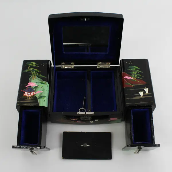 Vintage Black Lacquer Hand Painted Jewelry Box Mt Fuji Scene Japan