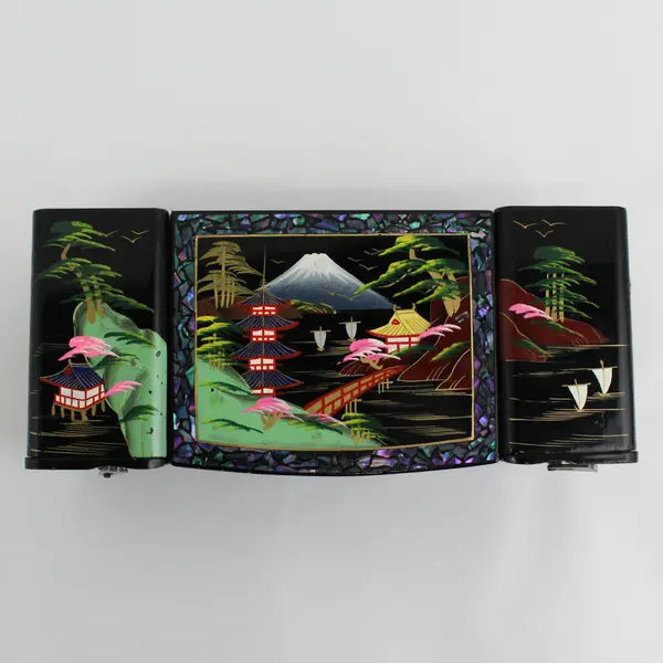 Vintage Black Lacquer Hand Painted Jewelry Box Mt Fuji Scene Japan