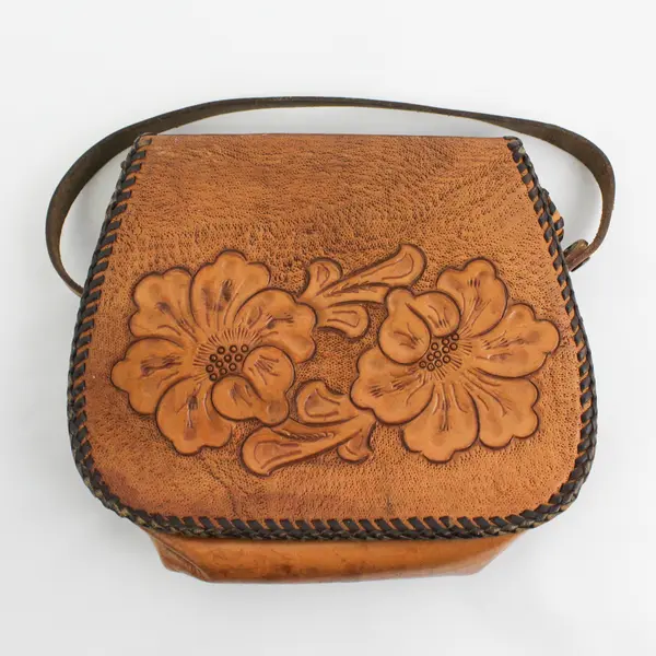 Vintage Tooled Leather Purse 8" Wide by 7" Tall Floral Pattern