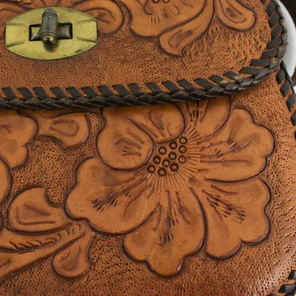 Vintage Tooled Leather Purse 8" Wide by 7" Tall Floral Pattern