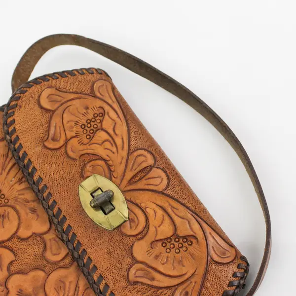Vintage Tooled Leather Purse 8" Wide by 7" Tall Floral Pattern