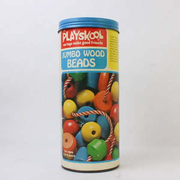 Vintage Playskool Jumbo Wood Beads Complete w/Canister 1974 Wooden Toy