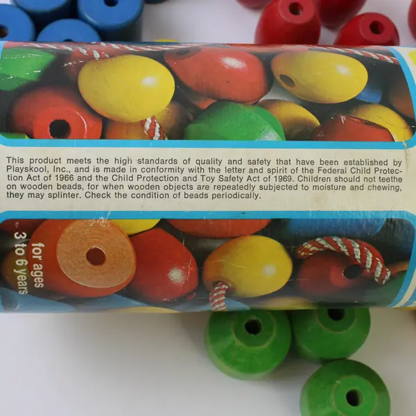 Vintage Playskool Jumbo Wood Beads Complete w/Canister 1974 Wooden Toy
