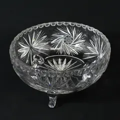 Cut Crystal 3 Footed Glass Bowl Pinwheel Fan Pattern 9"