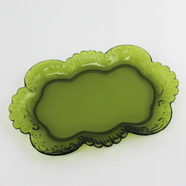 Vintage Oval Olive Green Glass Calling Card Tray Scroll Pattern