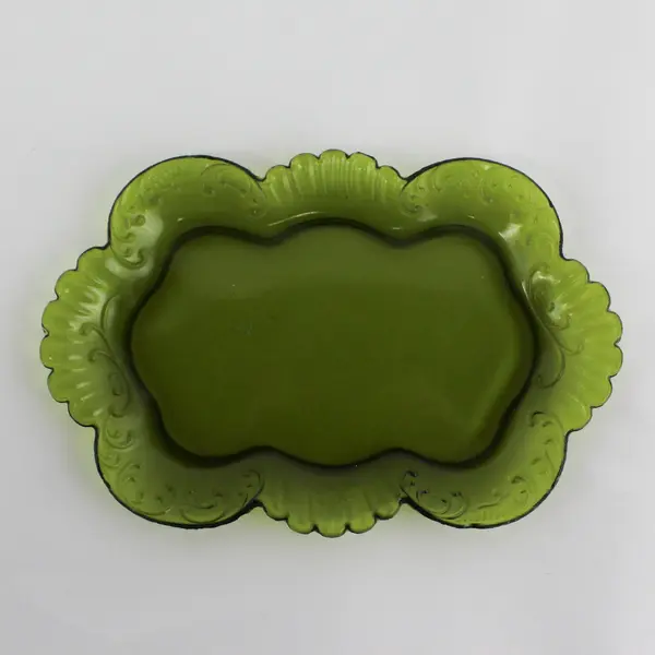 Vintage Oval Olive Green Glass Calling Card Tray Scroll Pattern