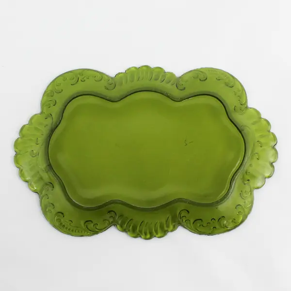 Vintage Oval Olive Green Glass Calling Card Tray Scroll Pattern