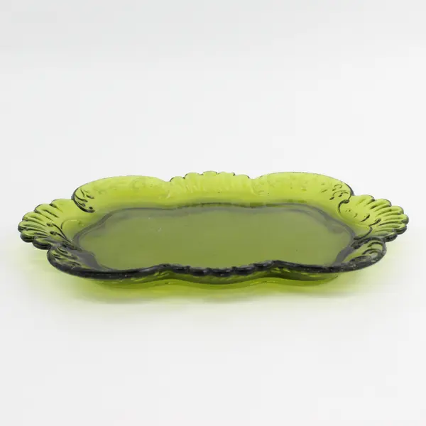 Vintage Oval Olive Green Glass Calling Card Tray Scroll Pattern