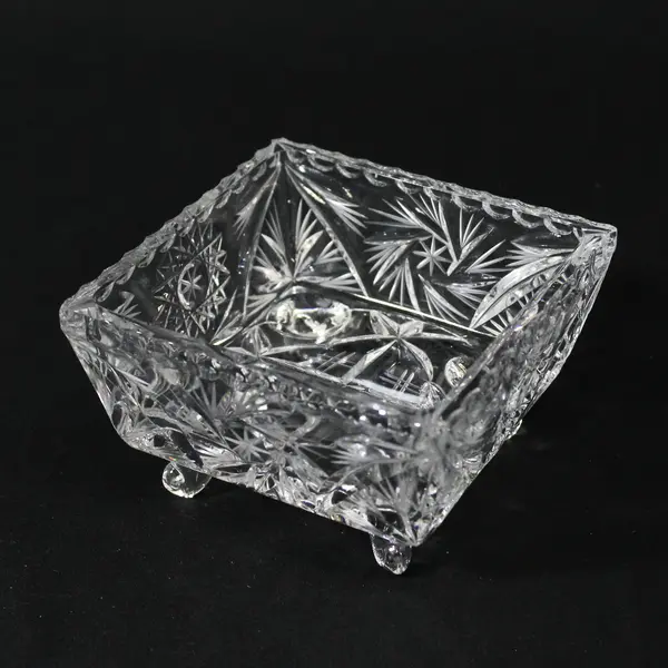 Square Four Footed Cut Crystal Bowl Pinwheel Star Pattern