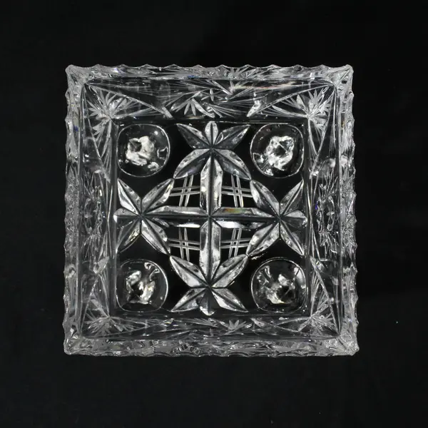 Square Four Footed Cut Crystal Bowl Pinwheel Star Pattern