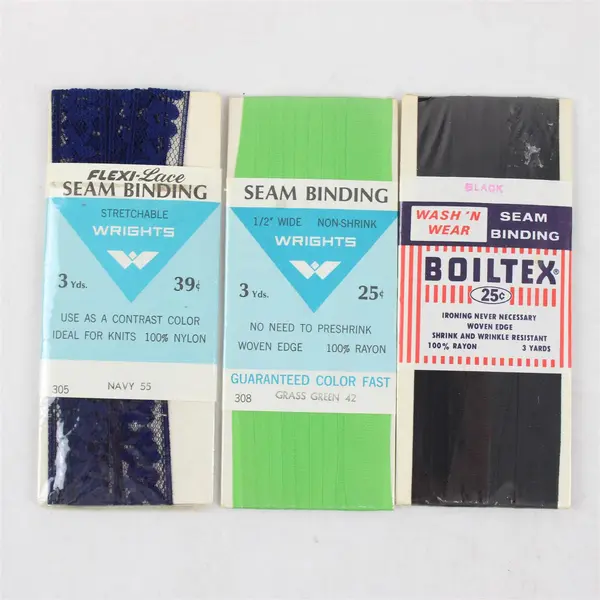 Lot of 3 New Packs Seam Binding, Black, Navy & Green, one is Flexi-Lace