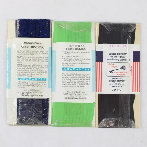 Lot of 3 New Packs Seam Binding, Black, Navy & Green, one is Flexi-Lace
