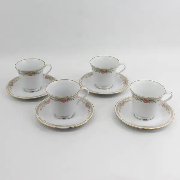 Set of 4 Fairfield Symphony Fine China Teacups White Pink Floral Gold Trim