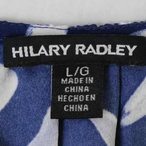 Hilary Radley Women's L Blue & White Feather Pattern V-Neck Short Sleeve Blouse