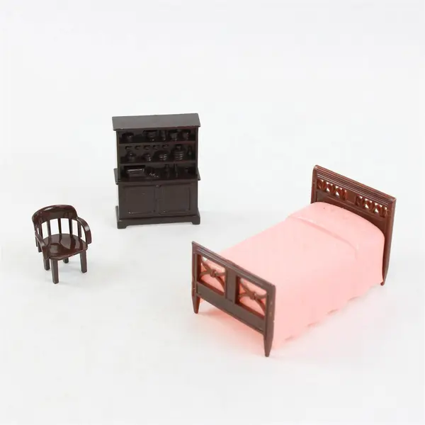 Lot of 3 Vintage Dollhouse Furniture Bed China Hutch Chair Miniatures Used