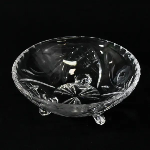 Vintage CIC Etched Rose Cut Crystal 3 Footed Bowl Western Germany