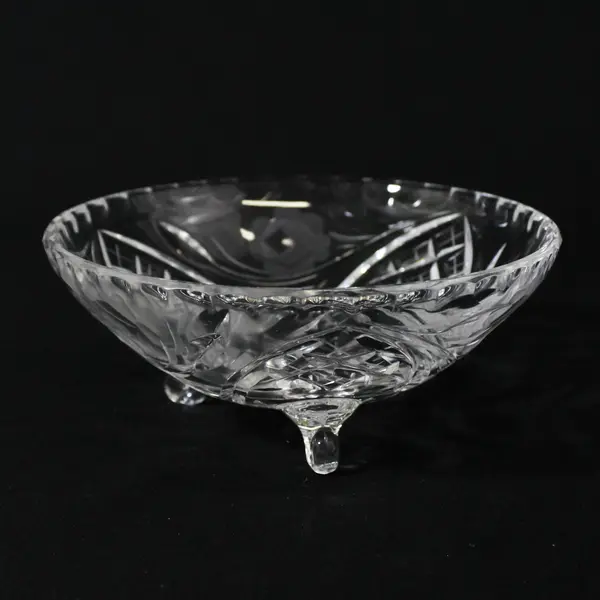 Vintage CIC Etched Rose Cut Crystal 3 Footed Bowl Western Germany