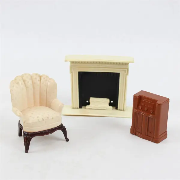 Lot of 3 Vintage Dollhouse Furniture Fireplace Chair Radio Miniatures