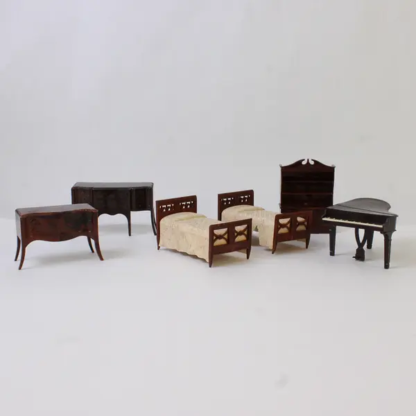 Lot of 6 Vintage Dollhouse Furniture 6pc Miniature 2 Beds Piano China Hutch