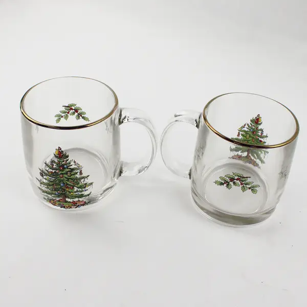 Lot Of 2 Spode Christmas Tree Pattern Clear Gold Trim Glassware Mugs 4"Tall