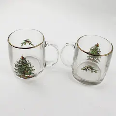 Lot Of 2 Spode Christmas Tree Pattern Clear Gold Trim Glassware Mugs 4"Tall