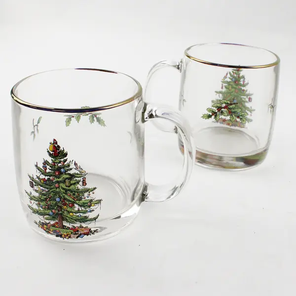 Lot Of 2 Spode Christmas Tree Pattern Clear Gold Trim Glassware Mugs 4"Tall