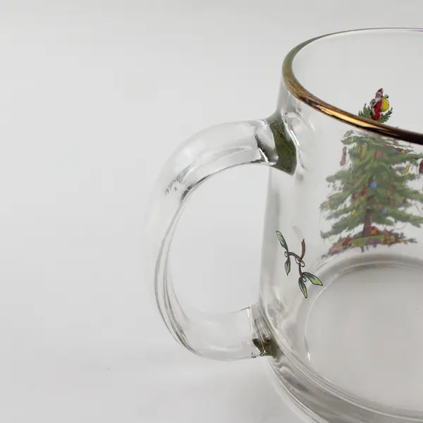 Lot Of 2 Spode Christmas Tree Pattern Clear Gold Trim Glassware Mugs 4"Tall