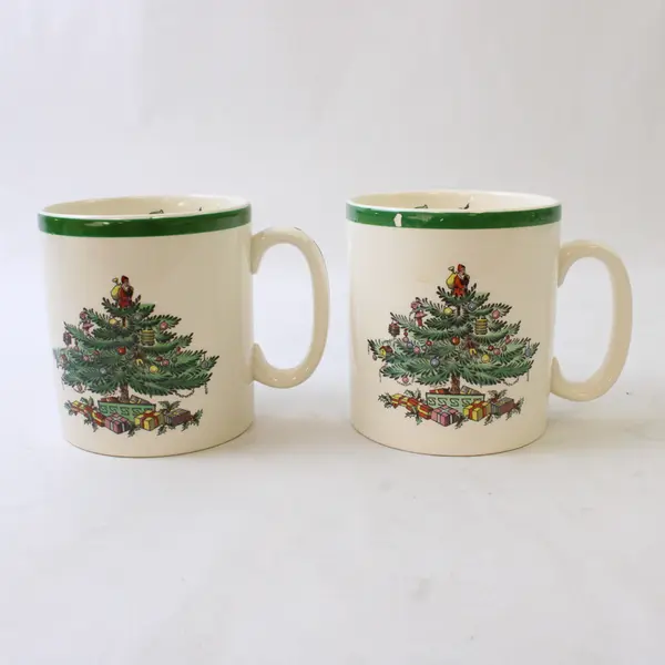 Lot Of 2 Spode Christmas Tree Pattern Matching Green/White Ceramic Mug 3.5" Tall