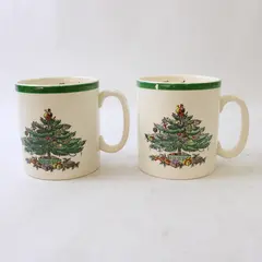 Lot Of 2 Spode Christmas Tree Pattern Matching Green/White Ceramic Mug 3.5" Tall