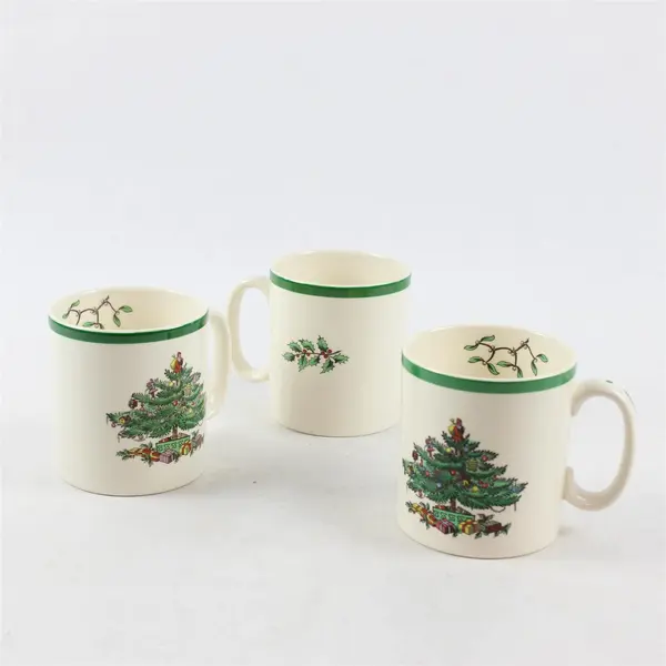 Lot Of 3 Spode Christmas Tree Pattern Matching Green/White Ceramic Mug 3.5" Tall