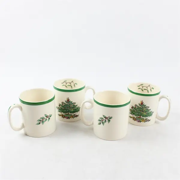 Lot Of 4 Spode Christmas Tree Pattern Matching Green/White Ceramic Mug 3.5" Tall