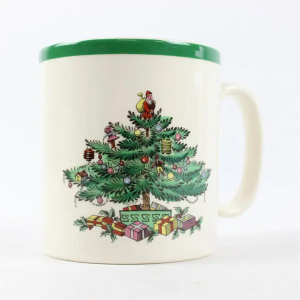 Lot Of 4 Spode Christmas Tree Pattern Matching Green/White Ceramic Mug 3.5" Tall