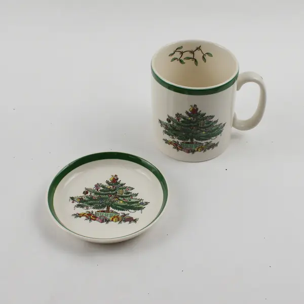 Lot Of 2 Spode Christmas Tree Pattern Ceramic Mug W/ Matching Coaster 3.5" Tall