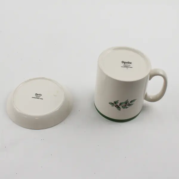 Lot Of 2 Spode Christmas Tree Pattern Ceramic Mug W/ Matching Coaster 3.5" Tall