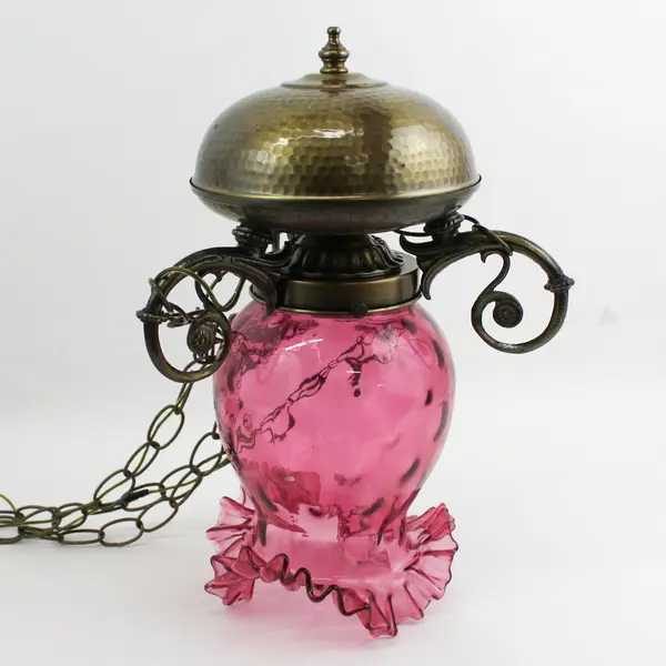 Vintage Fenton Cranberry Ruffled Rim Hanging Lamp