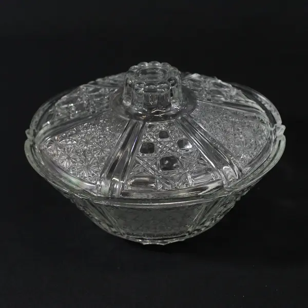 Vtg FNG Indonesia Glass Candy Dish Daisy Cane Button Pattern w/Lid