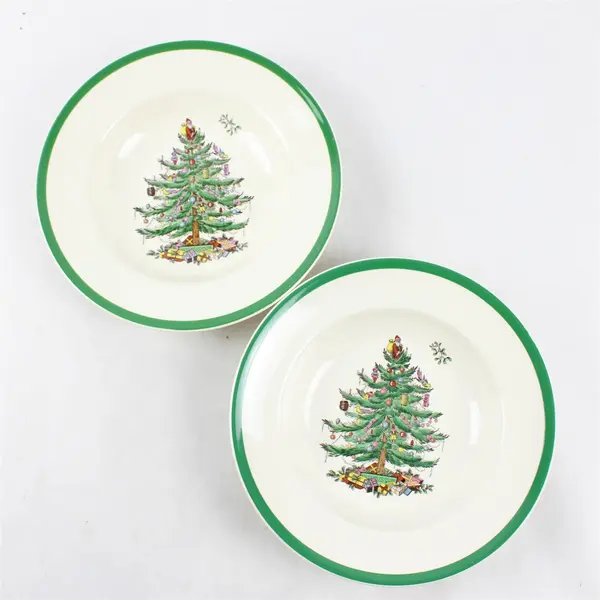 Lot Of 2 Spode Christmas Tree Pattern Large Rim Soup Bowls 9.25" Diameter