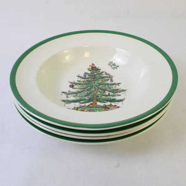 Lot Of 4 Spode Christmas Tree Pattern Large Rim Soup Bowls 9.25" Diameter
