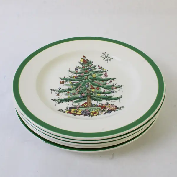 Lot Of 5 Spode Christmas Tree Pattern Ceramic Salad Plates 7.75" Diameter
