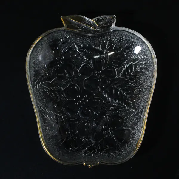 Glass Apple Shaped  Dish With Embossed Apple Blossoms Gold Trim