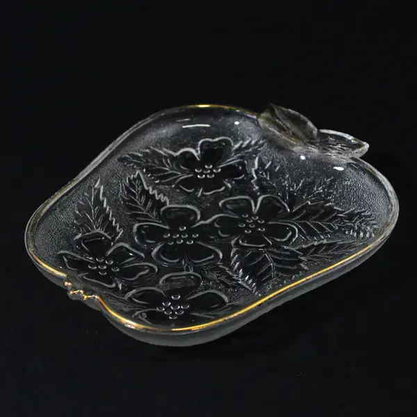 Glass Apple Shaped  Dish With Embossed Apple Blossoms Gold Trim