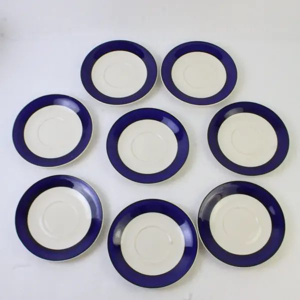 Set of 8 Gibson Everyday Saucers White Cobalt Blue Band