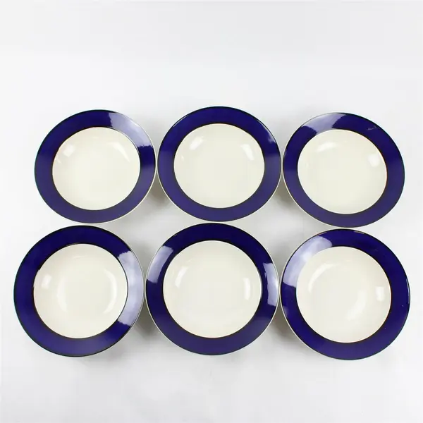 Set of 6 Gibson Everyday White Round Soup Bowls Cobalt Blue Band